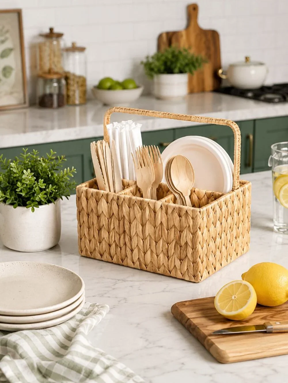 Hand-Woven Wicker Silverware Organizer Water Hyacinth Cutlery Holder Countertop